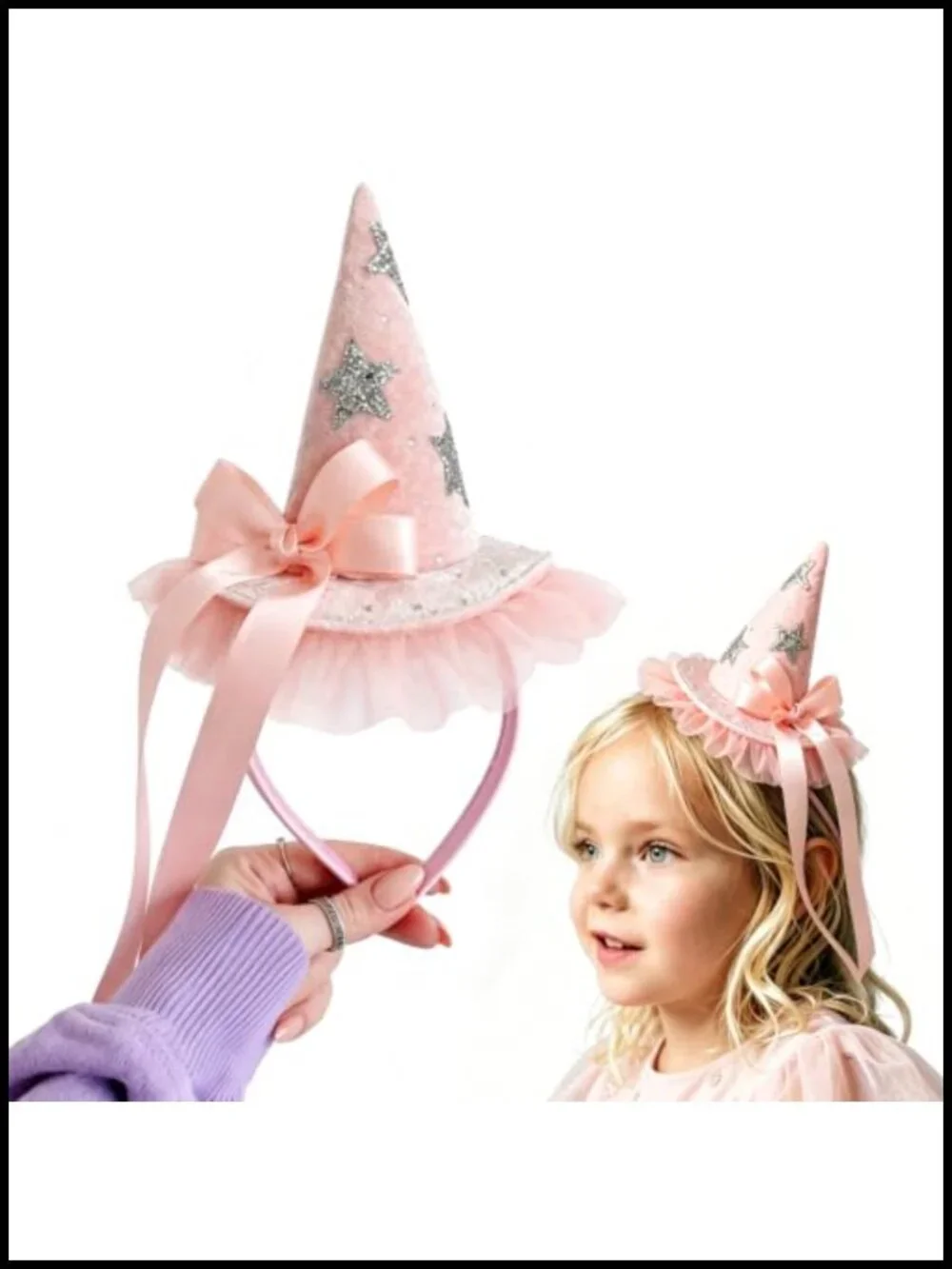 Pink Velvet Witch Hat Headband with Stars Tulle Bow Halloween Costume